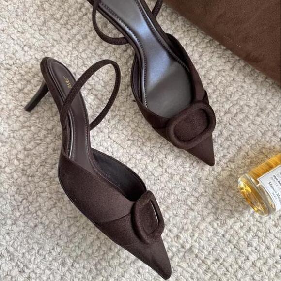 ZARA Dark Brown Pointed Toe Slingback Heels NWT Size 6.5 - Picture 5 of 16